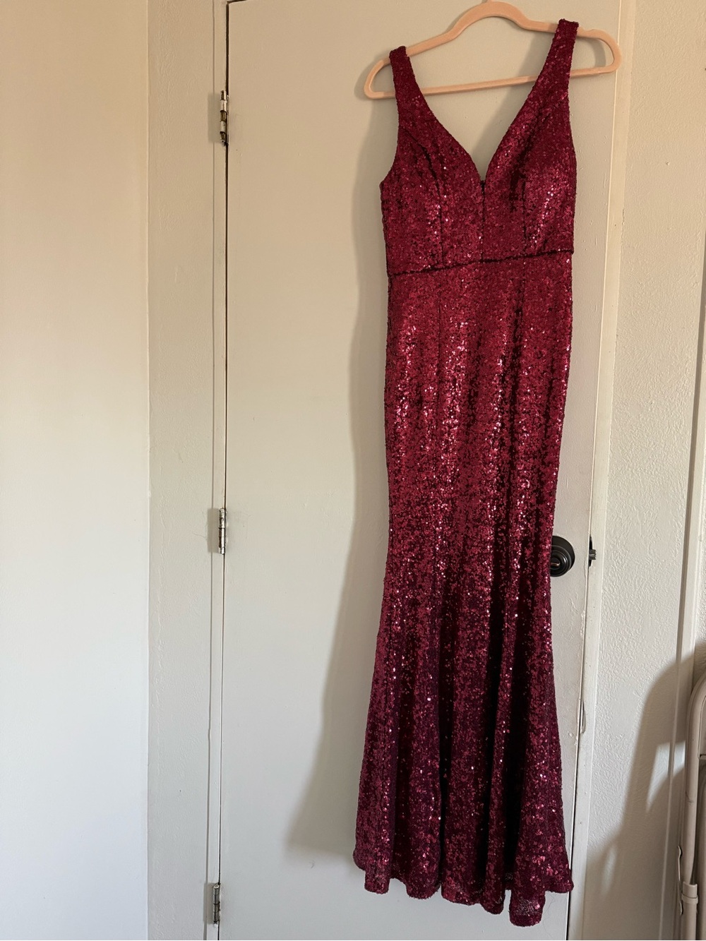 Crystal Doll Burgundy Sequin V-Neck Evening Gown